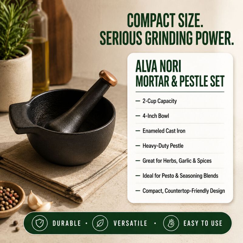 Alva Nori Enameled Cast Iron Mortar and Pestle 2Cups 4"  - Easy to Clean and Made without PFAS, PFOA & PTFE - Traditional Kitchen Tool Used for Grinding, Crushing, and Mixing Ingredients image number 7