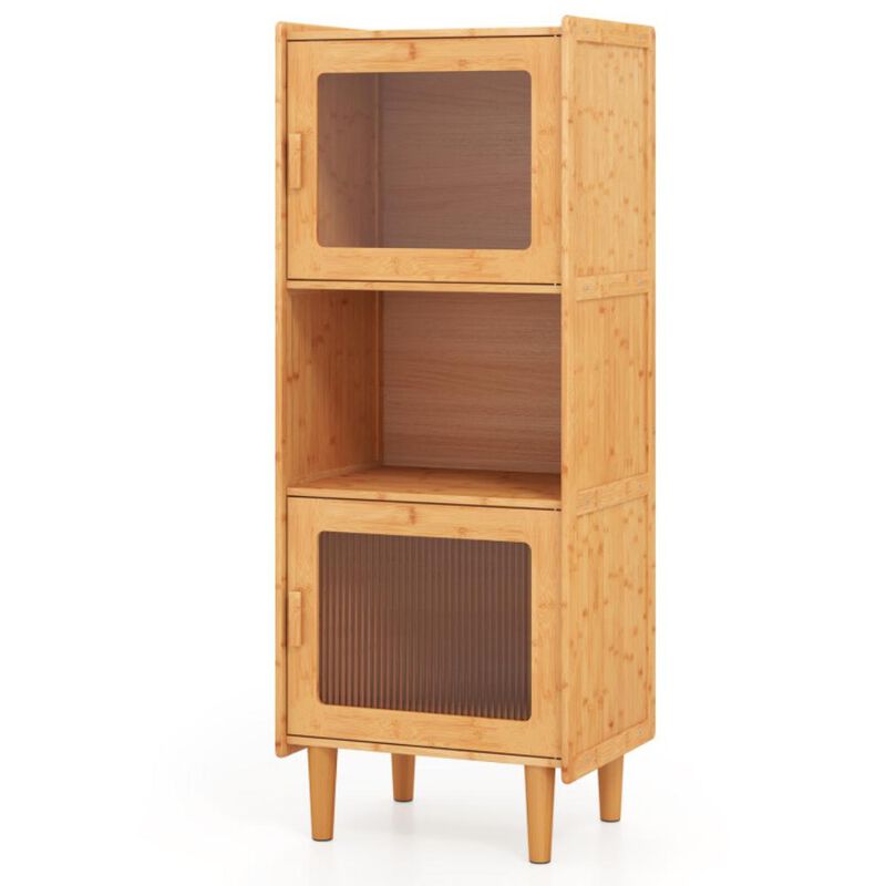 Hivvago 3-Cube Bamboo Storage Cabinet with Open Compartment and 2 Acrylic Doors