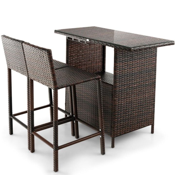 Hivvago 3 Pieces Outdoor Wicker Bar Set with 3 Rows Stemware Racks