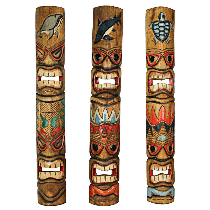 Set of 3 Tiki Mask Ocean Animal Totem Hand Carved Wall Decor Sculpture 40 Inch image number 0