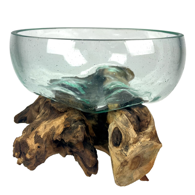 Molten Glass Bowl on Driftwood 10" Hand Blown Decorative Centerpiece Planter image number 1