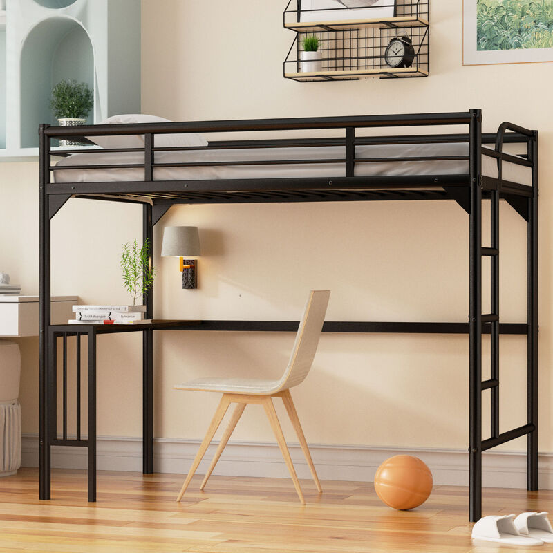 Twin Metal Loft Bed with Desk, Ladder and Guardrails,bookdesk under bed, Black