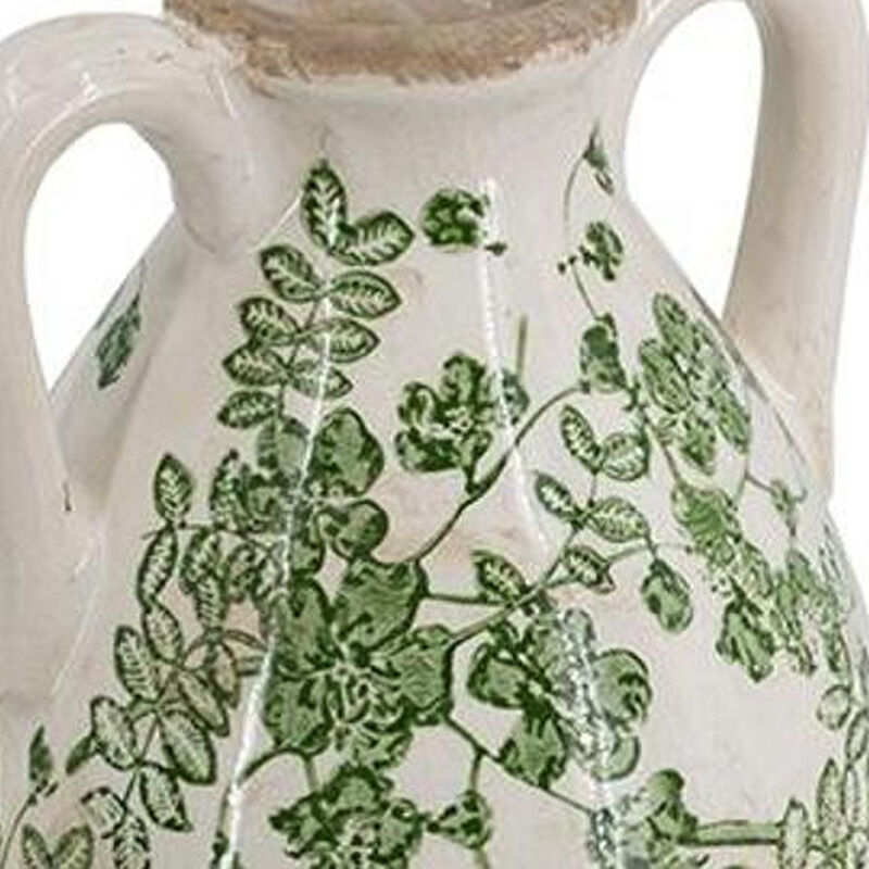HomeRoots 16" Green And White Leaf Ceramic Amphora Table Vase image number 3