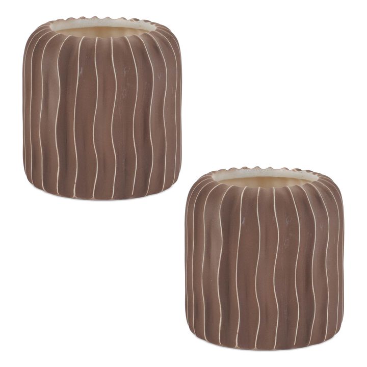 Set of 2 Wavy Ribbed Ceramic Vases for Modern Mantel, Bookshelf, or Tabletop Decor