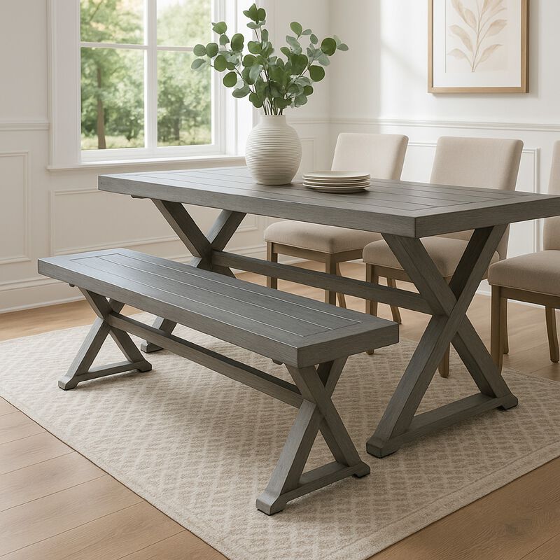 Jica Outdoor Dining Bench, X Shape Legs, Slatted Dark Gray Metal, 59 Inch - Benzara