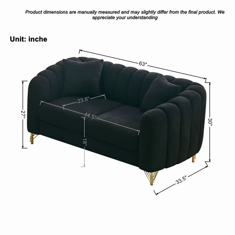 Modern Tufted Chenille Loveseat, 63" Deep Couch 2-Seater with Gold Metal Legs for Living Room Apartment