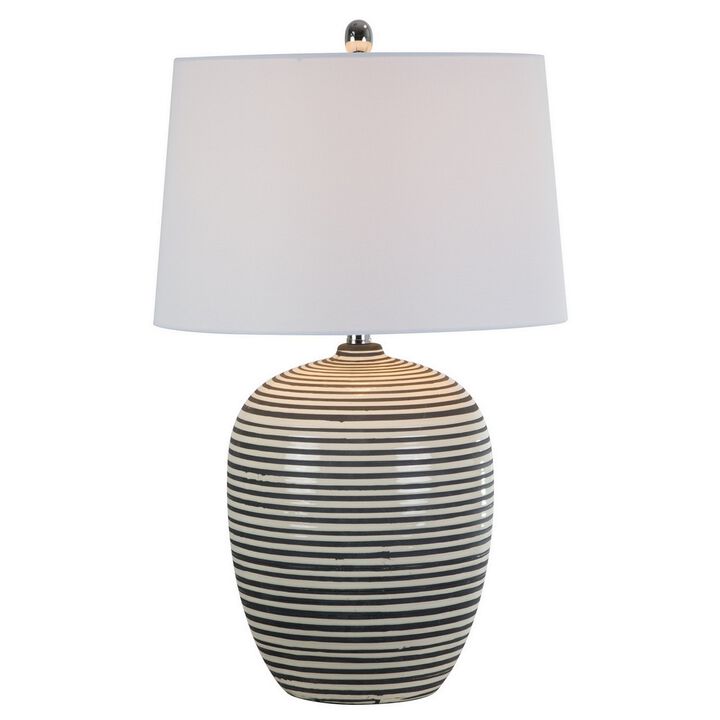 28 Inch Table Lamp, Lined Design, Empire Shade, Ceramic, Beige Taupe -Benzara