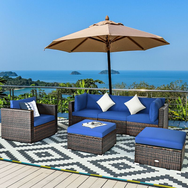 6 Pcs Patio Rattan Furniture Set with Sectional Cushion