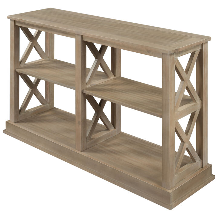 Console Table with 3-Tier Open Storage Spaces and “X” Legs, Narrow Sofa Entry Table for Living Room, Entryway and Hallway