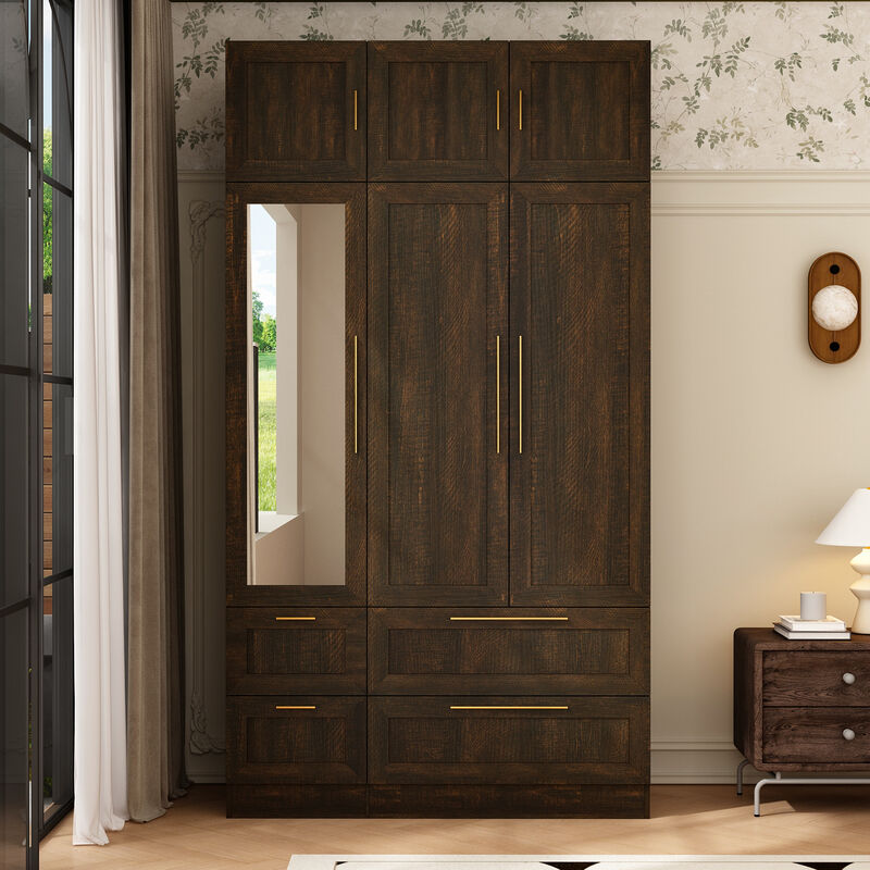 FUFU&GAGA Deep Brown Woodgrain Wardrobe with Full-Length Mirror - 4-Drawer Storage Cabinet, 6 Doors, Fixed Shelves, Safety Anti-Tip Kit (47x86.7x86.6 in), Brown