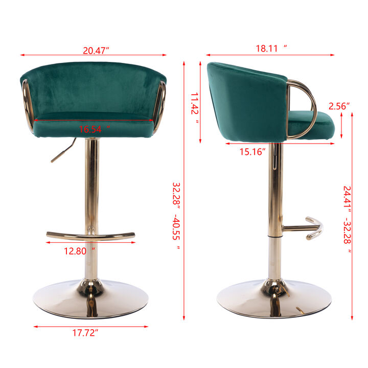 Set of 2 Bar Stools, with Chrome Footrest and Base Swivel Height Adjustable Mechanical Lifting Velvet + Golden Leg Simple Bar Stool-Green