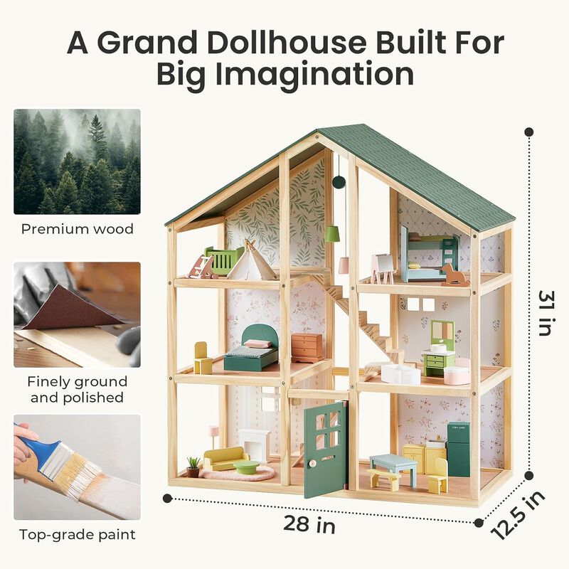 Wooden Dollhouse - 6 Rooms Wooden Doll House, DIY Pretend Doll House with 31Pcs Furniture Accessories, Creative Gift for Girl image number 2