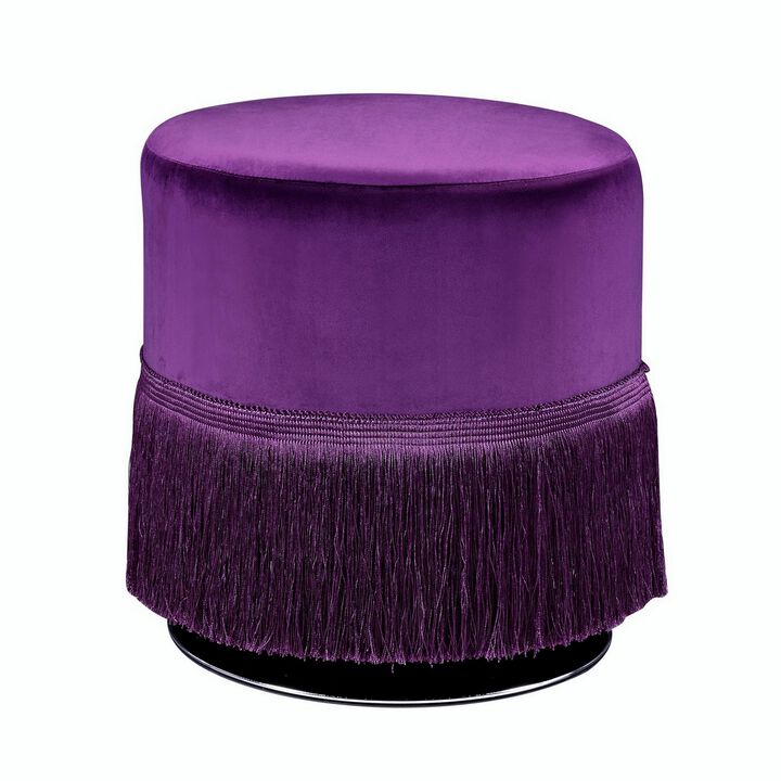 Fabric Upholstered Round Ottoman with Fringes and Metal Base, Purple-Benzara