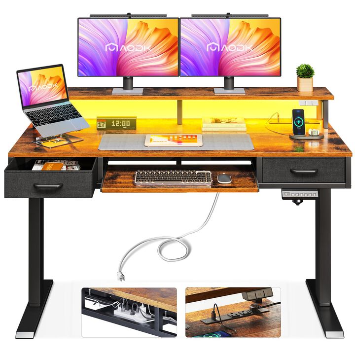 AODK Electric Standing Desk with Drawers & Keyboard Tray, 47 Inch Height Adjustable Small Gaming Desk with Power Outlets & LED L