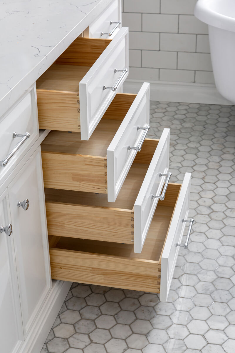 Palace 72 In. Double Sink Carrara Quartz Countertop Bath Vanity in Pure White with Chrome Hardware