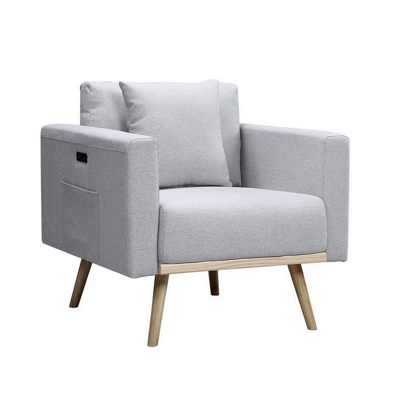 Mico 33 Inch Modern Sofa Chair with USB Ports and Pocket, Light Gray Fabric-Benzara