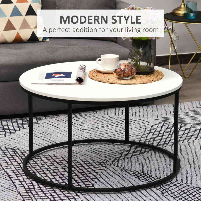 HOMCOM Round Coffee Table, 32 in Modern Center Table with Black Metal Frame, Coffee Tables for Living Room, White