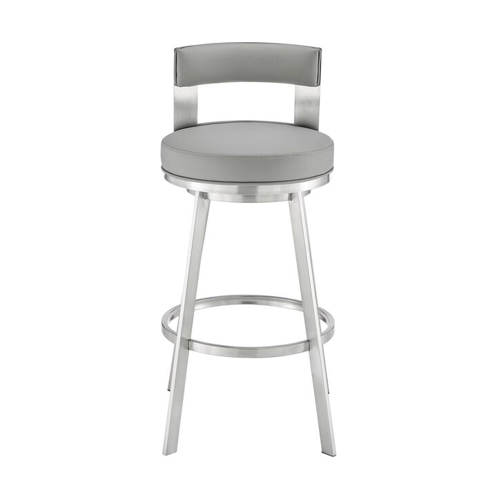 Ami 30 Inch Swivel Barstool Chair, Light Gray Faux Leather, Steel