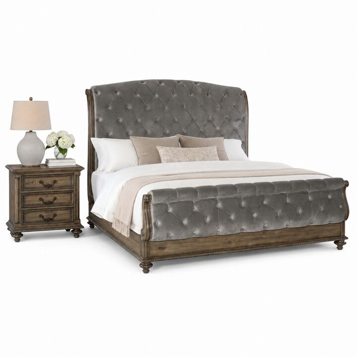 Queen Bedroom Set, Gray, Brown Wood, 2 Piece Set with Nightstand