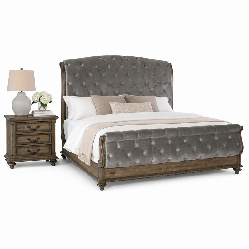 Queen Bedroom Set, Gray, Brown Wood, 2 Piece Set with Nightstand image number 0