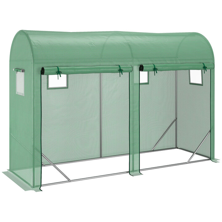 Outsunny 10' x 3' x 7' Walk-in Lean-to Greenhouse, Steel, 4 Zipper Roll-up Windows & 2 Doors, UV Protecting PE Cover for Growing Flowers, Vegetables, Tropical Plants, Saplings, Succulents, Green
