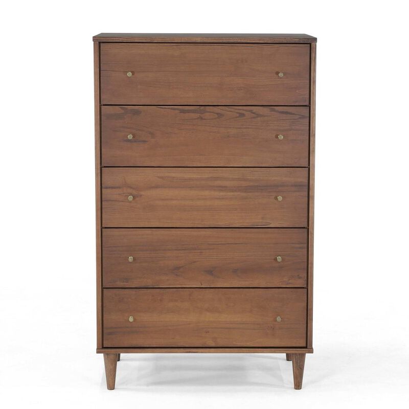 Hivvago Farmhouse Rustic Walnut Mid Century 5 Drawer Chest image number 2