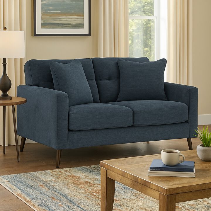 Bixy Loveseat, 57 Inch Dark Blue, Track Armrests, 2 Accent Pillows