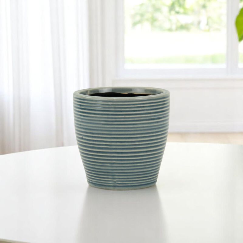 HomeRoots Blue Ceramic 22 Ounce Striped Round Distressed Pot Planter image number 1