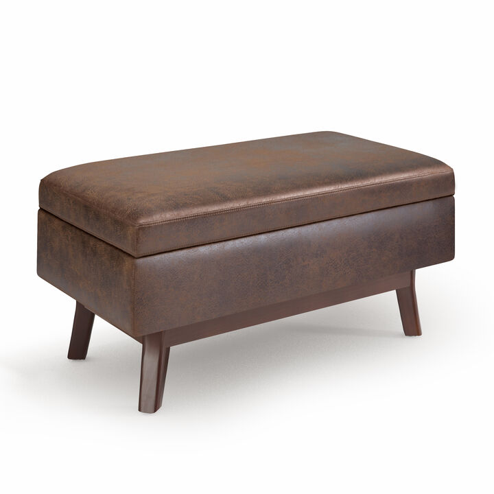 Owen 36 inch Wide Mid Century Modern Rectangle Small Rectangular Storage Ottoman in Distressed Chestnut Brown Vegan Faux Leather, Assembled