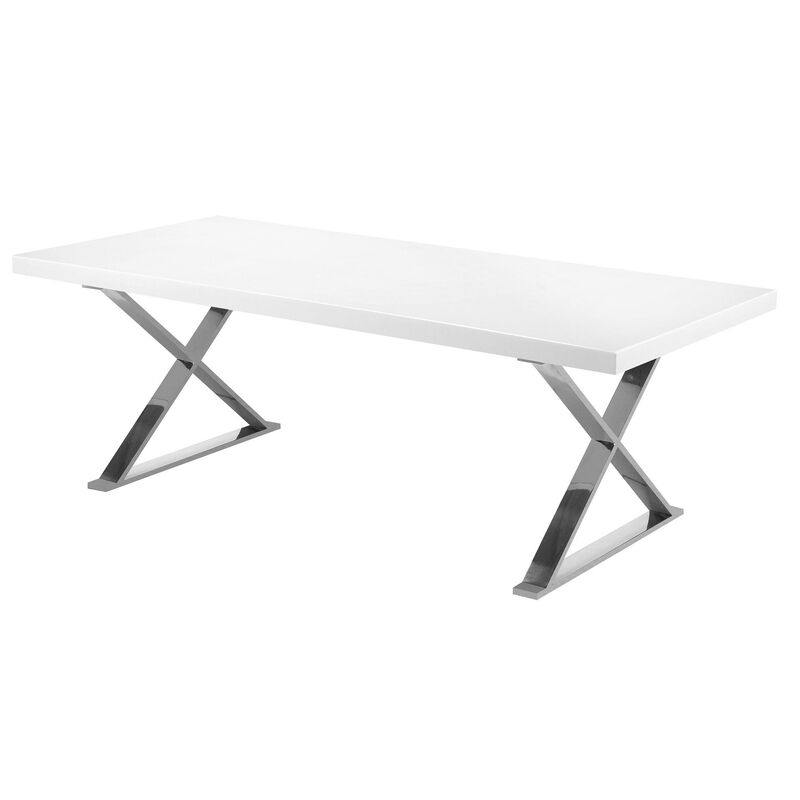 Rix 87 Inch Dining Table, White Wood Top, X Chrome Finished Steel Legs