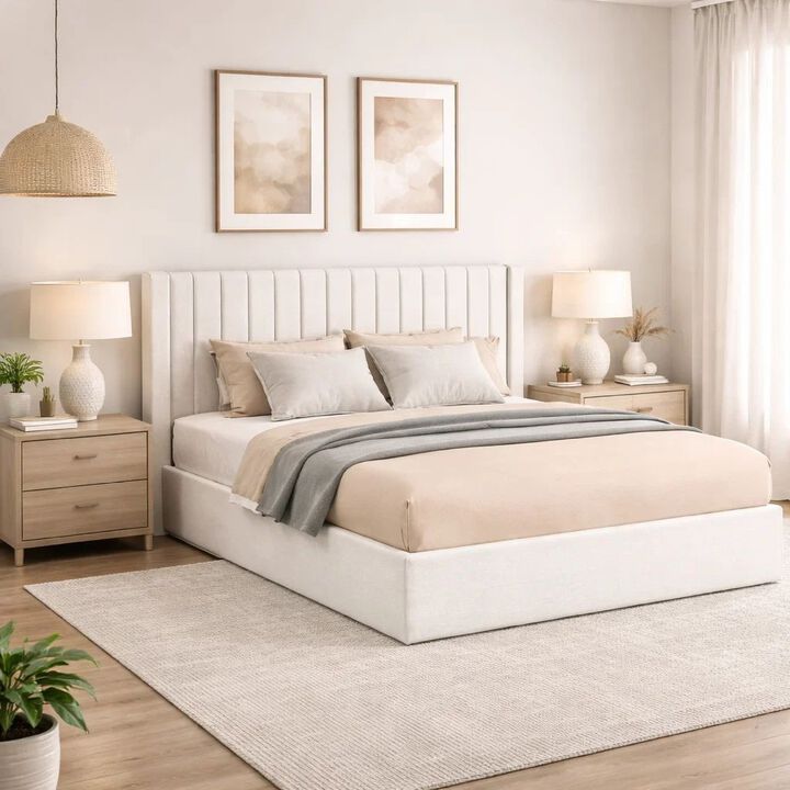 Deny Queen Storage Bed, 4 Drawers, Channel Tufted Ivory Boucle Upholstery