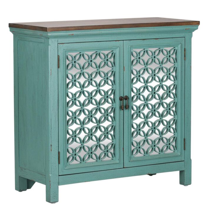 Liberty Furniture Kensington 2 Door Accent Cabinet in Turquoise w/ Worn Wood Tone Top