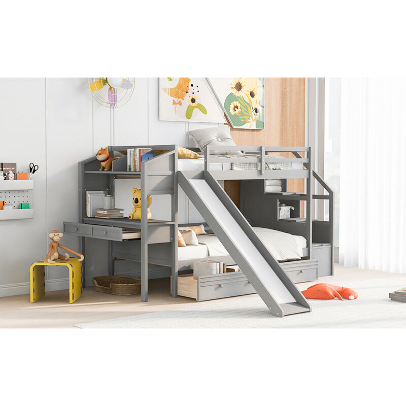 Twin Over Twin Bunk Bed With Storage Staircase, Slide And Drawers, Desk With Drawers And Shelves