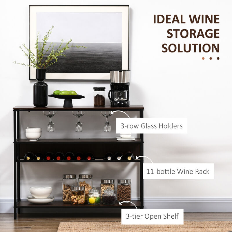 Industrial Wine Rack, 11-bottle Wine Shelf with Glass Holders, Dark Brown