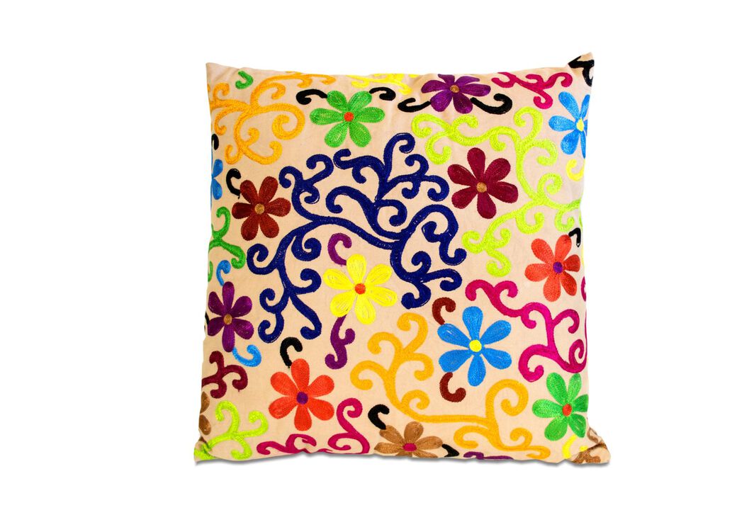 HomeRoots Set of Two 20" Natural Blue And Yellow Floral Cotton Throw Pillows with Embroidery