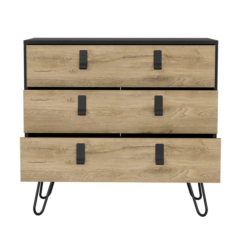 DEPOT E-SHOP Huna 3-Drawer Dresser, Modern Chest of Drawers with Hairpin Legs and Metal Accents, Black / Macadamia