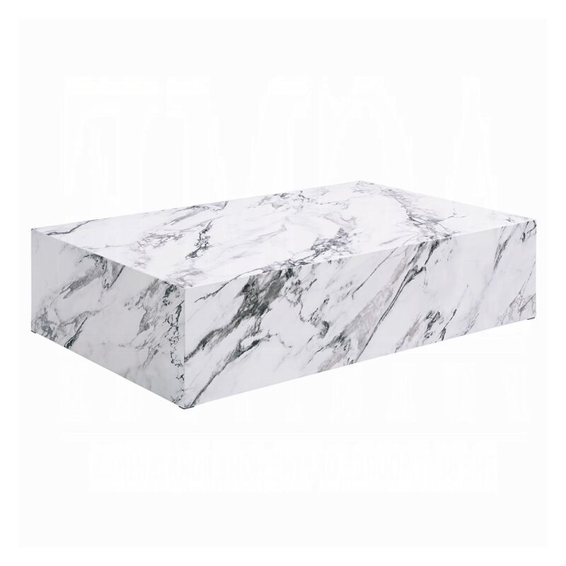 Ritzy Coffee Table, Modern Plinth, White Gray Faux Stone, 48 Inch image number 0