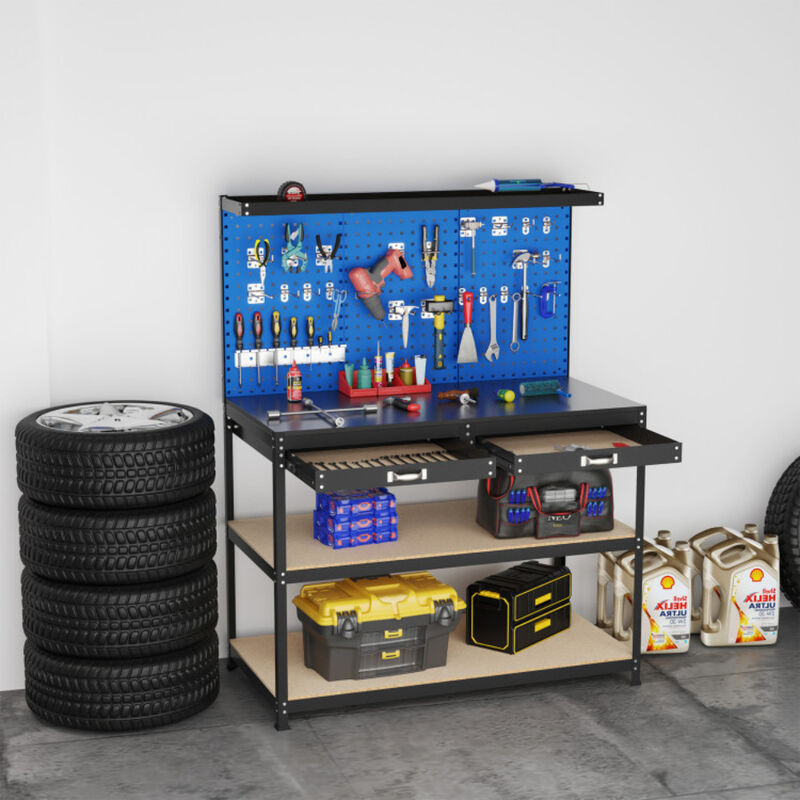 Workbench Work Table with 3 PCs Pegboard Drawer and Shelves