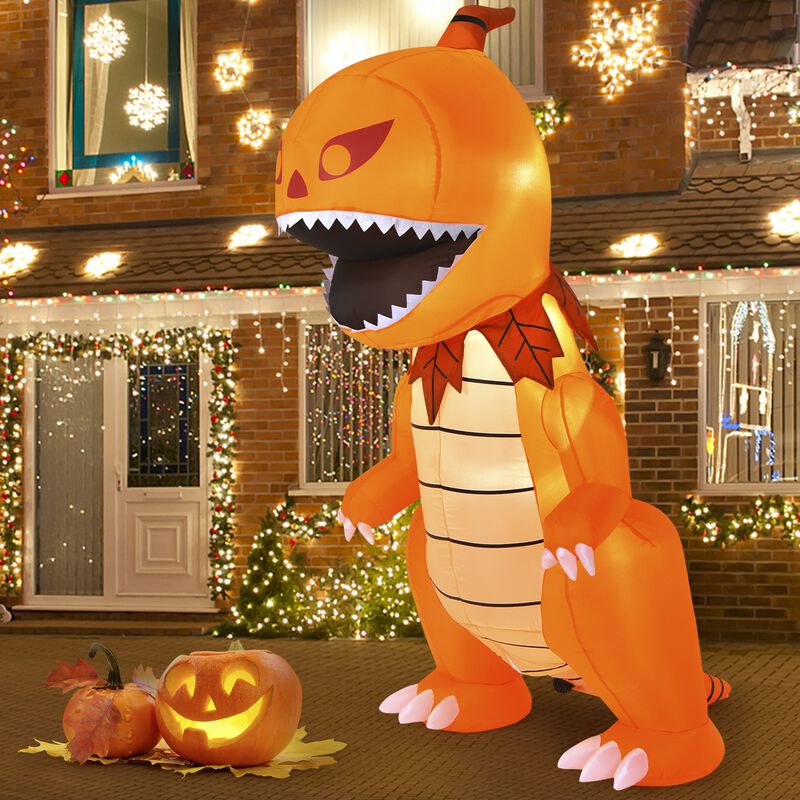 8 Feet Halloween Inflatable Pumpkin Head Dinosaur with LED Lights and 4 Stakes