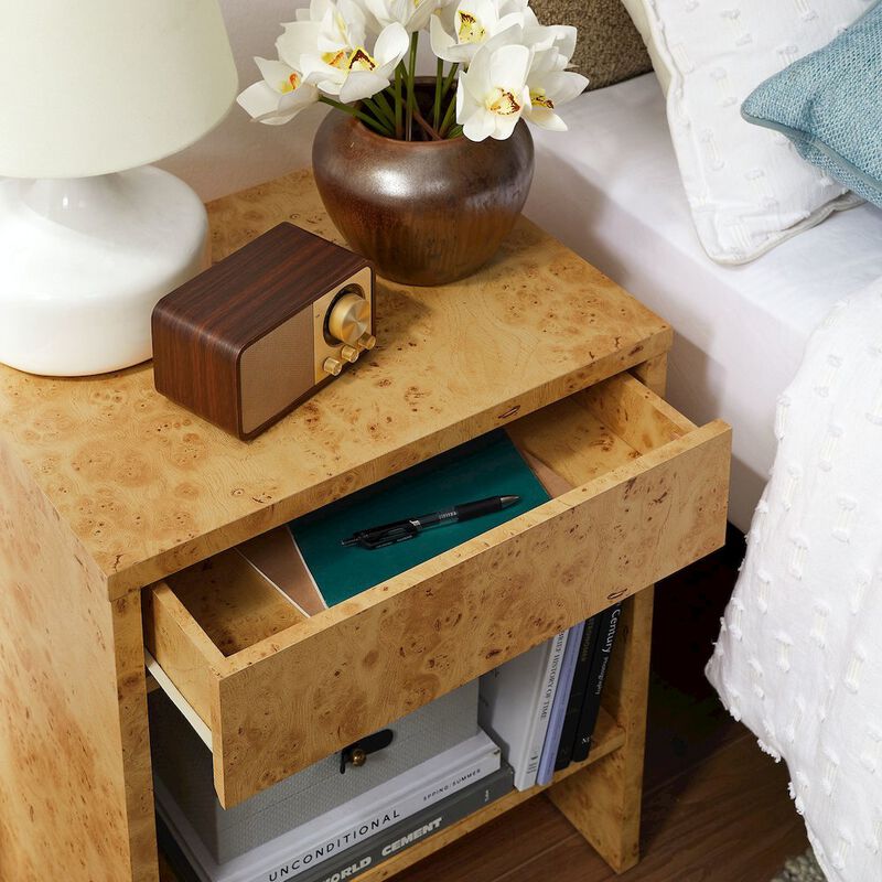 Hudson Burl Wood 1-Drawer Nightstand with Shelf in Natural image number 9
