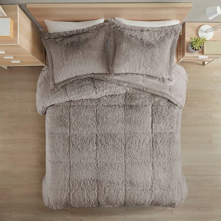 Full/Queen Grey Soft Sherpa Faux Fur 3 Piece Comforter Set with Pillow Shams
