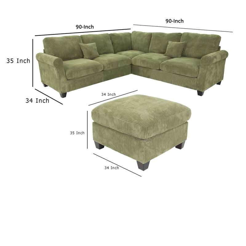 Fero 4pc L Sectional Sofa, Wedge n Ottoman Set, Sage Green Corduroy