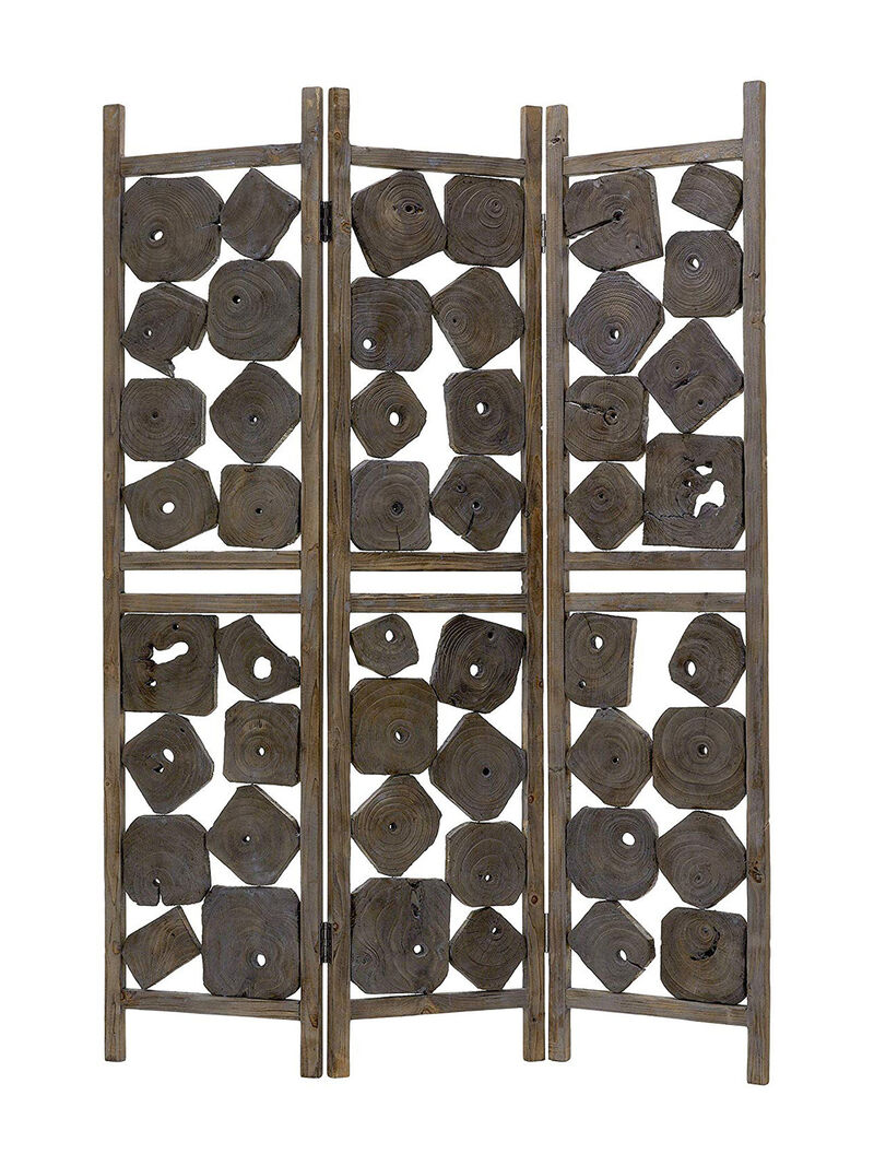 Contemporary 3 Panel Wooden Screen with Square Log Cut Inset, Brown - Benzara image number 1