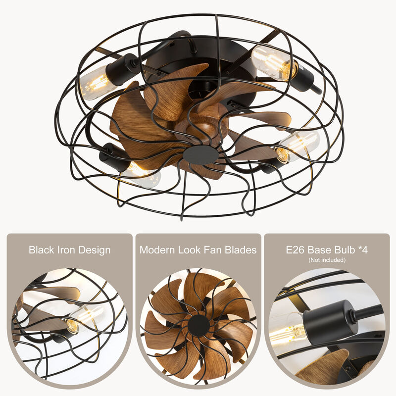 Breezary 18.5" Industrial Caged Ceiling Fan with Light,4 E26 Bulbs Required,6 Speed Remote,Reversible,Timer,Quiet,7 Blades image number 5