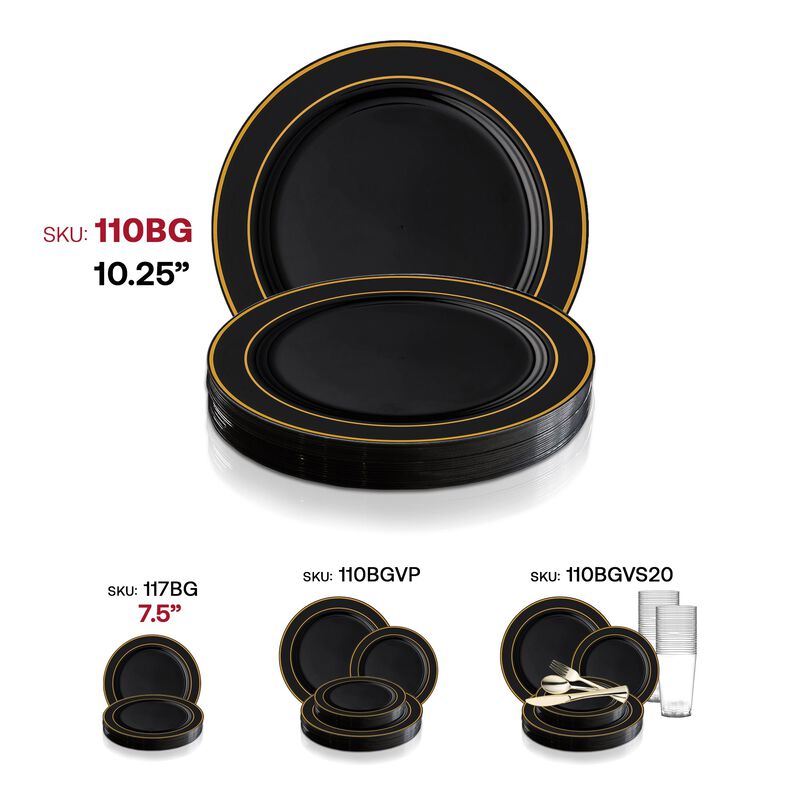 10.25" Black with Gold Edge Rim Plastic Dinner Plates (120 Plates) image number 5