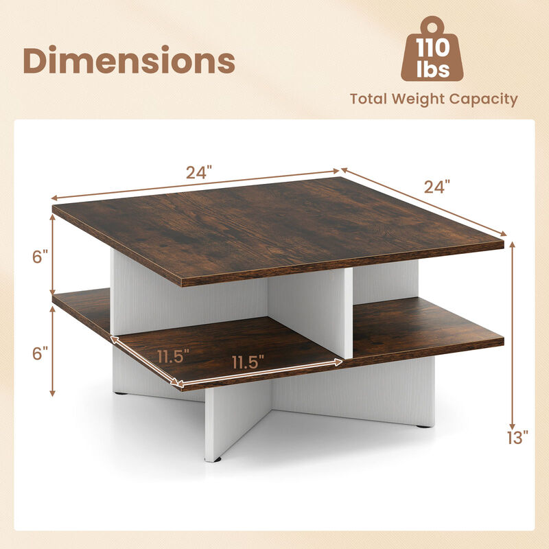 Modern 2-Tier Square Coffee Table Featuring 4 Functional Storage Compartments