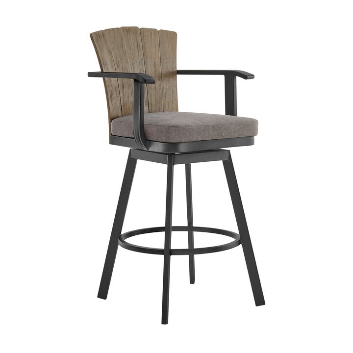 Luna 30 Inch Outdoor Swivel Barstool Chair, Rustic Teak Wood, Black - Benzara