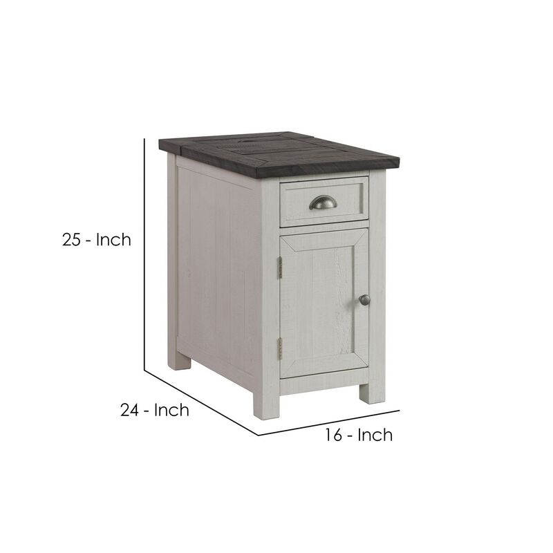Chairside Table with 1 Drawer and USB Ports, White and Gray-Benzara