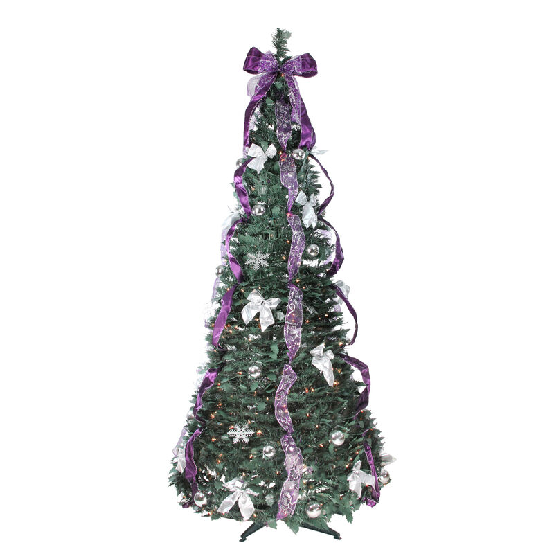 6' Pre-Lit Purple and Silver Pre-Decorated Pop-Up Artificial Christmas Tree  Clear Lights