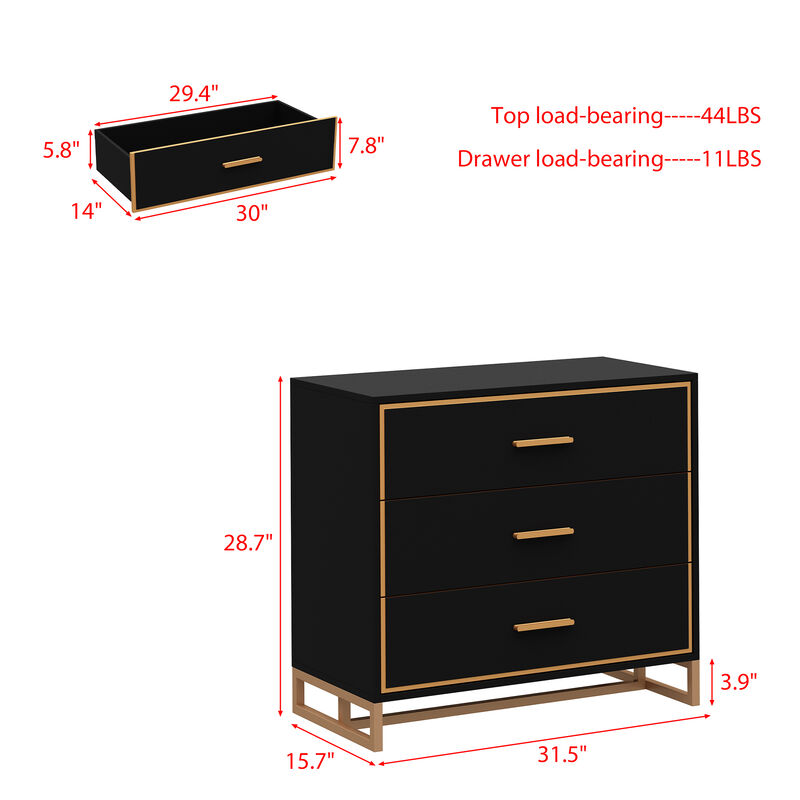 FUFU&GAGA Modern Black 3-Drawer Dresser with Gold Trim, Metal Handles & Base &ndash; Stylish Storage Cabinet for Bedroom(31.5"W x 15.7"D x 28.7"H),Black